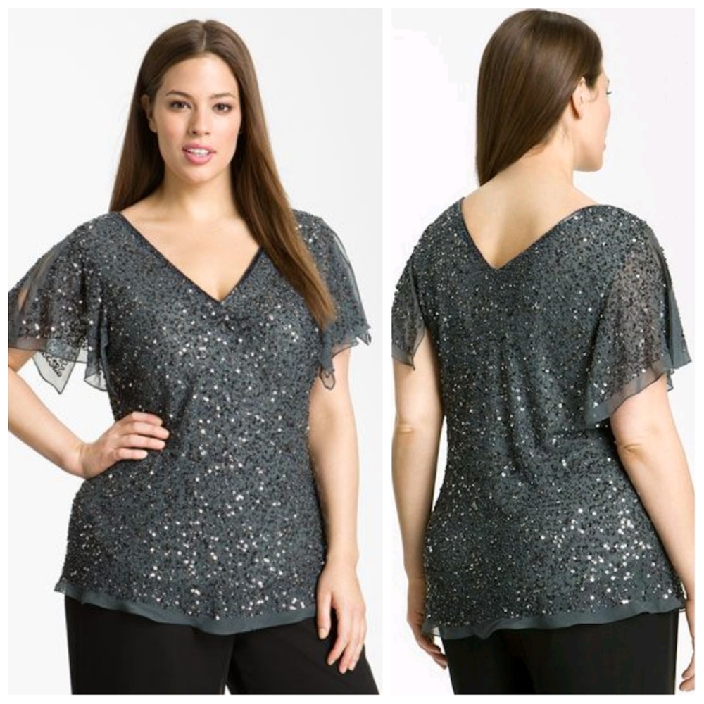 NWOT Adrianna Papell Dazzling Winds Sequin Silk Chiffon Smoke Gray Top Womens XL